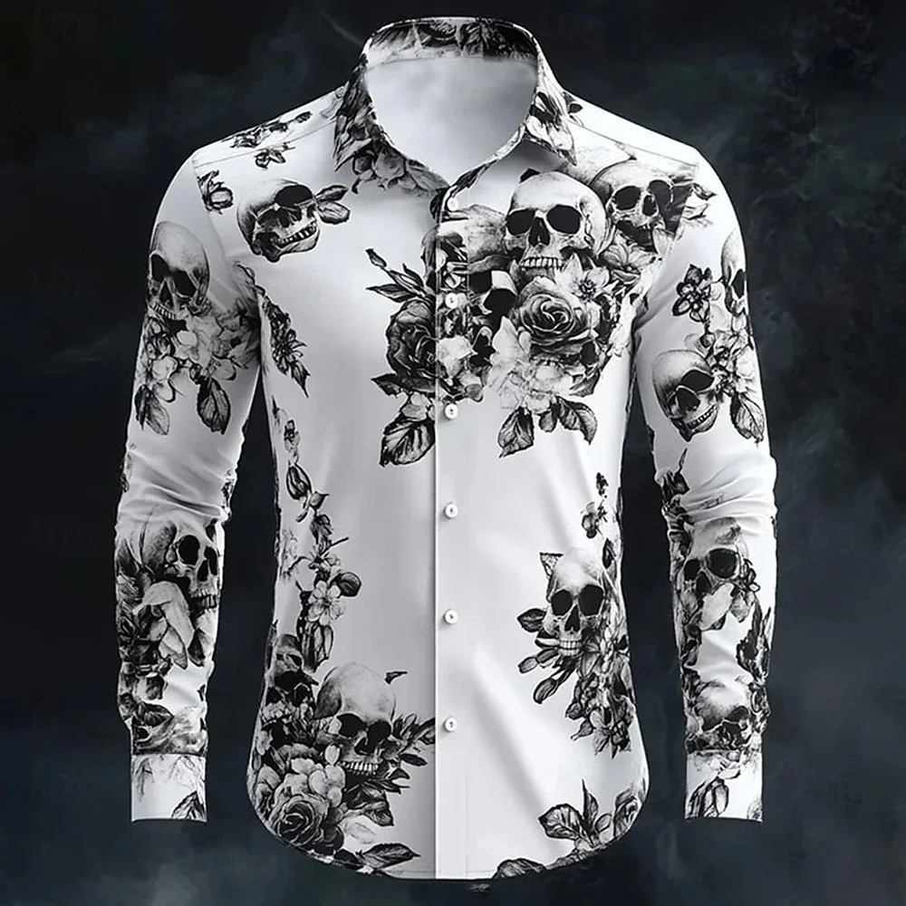 

Men's Halloween Skull Pattern Personalized Design Print Long Sleeve Lapel Button Shirt Festive Party Comfortable Men's Top