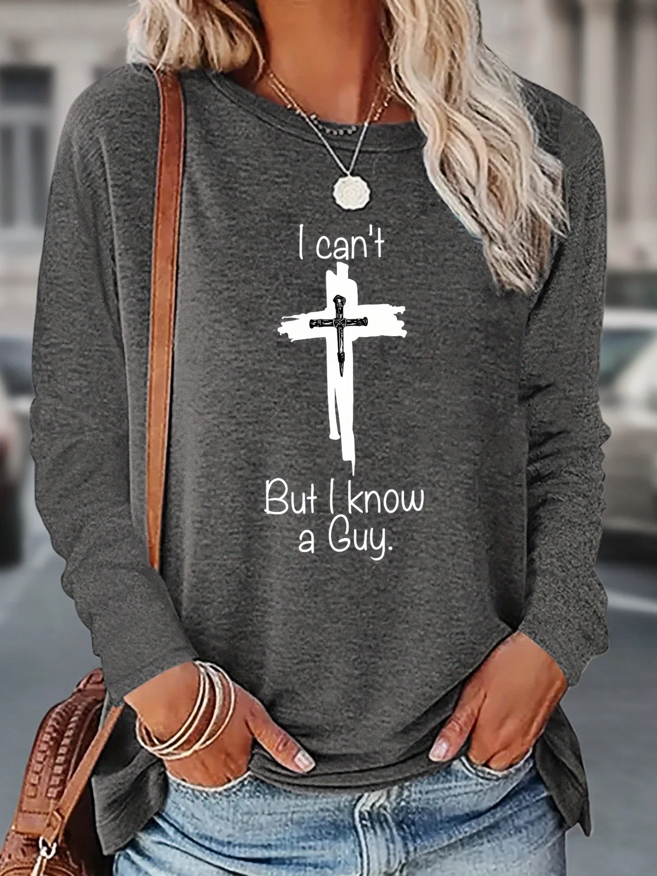 

Women's Spring and Autumn 100% pure cotton fashionable casual loose Christian English printed round neck long sleeved T-shirt