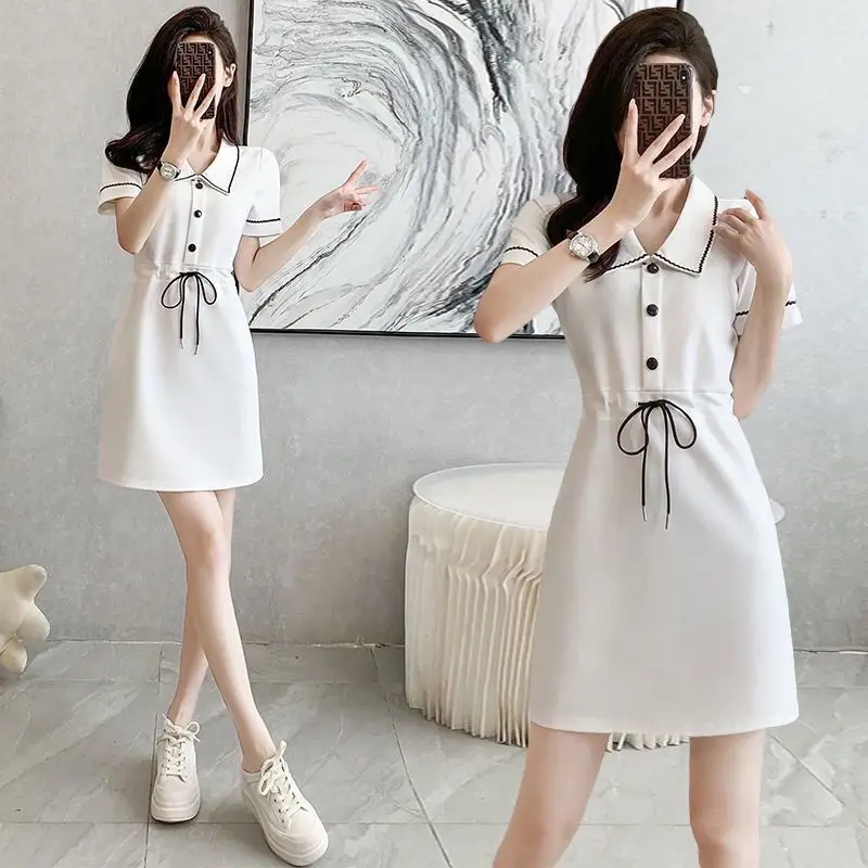 Magliette Polo sportive estive da donna Mini abito coreano Lady Casual White Draw String vita abiti manica corta 2024 Fashion Wear