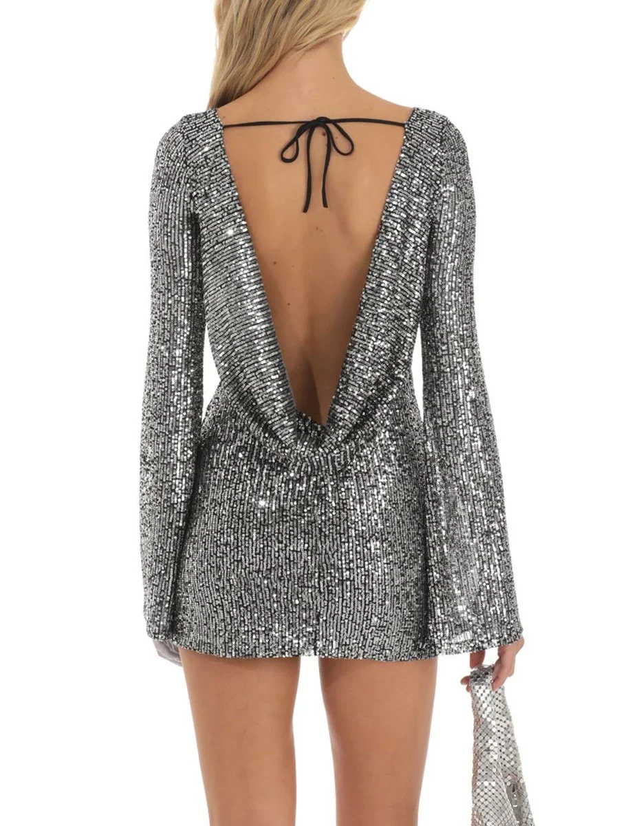 

Women Sparkly Sequin Bodycon Mini Dress Long Sleeve Tie-Up Backless Dress for Spring Autumn Rave Cocktail Party Dresses