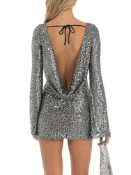 Women Sparkly Sequin Bodycon Mini Dress Long Sleeve Tie-Up Backless Dress for Spring Autumn Rave Cocktail Party Dresses