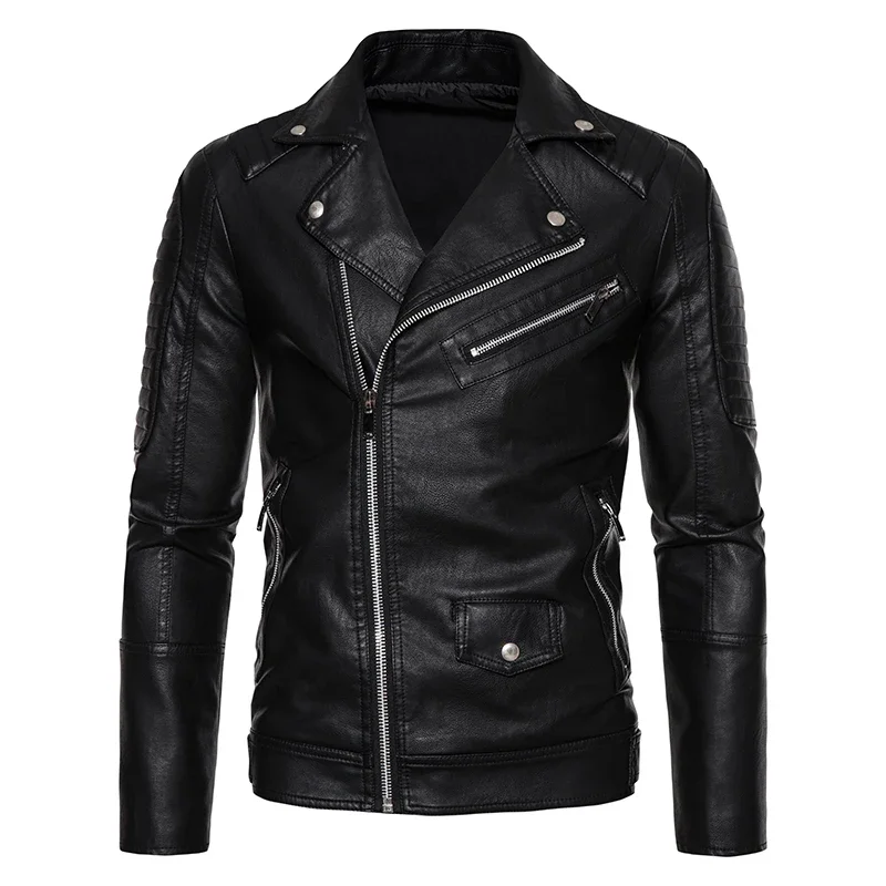 

New Mens Leather Jackets Solid Turn Down Collar Casual Slim Fit Motorcycle Pu Leather Jacket Men Multiple pockets Zipper Coat