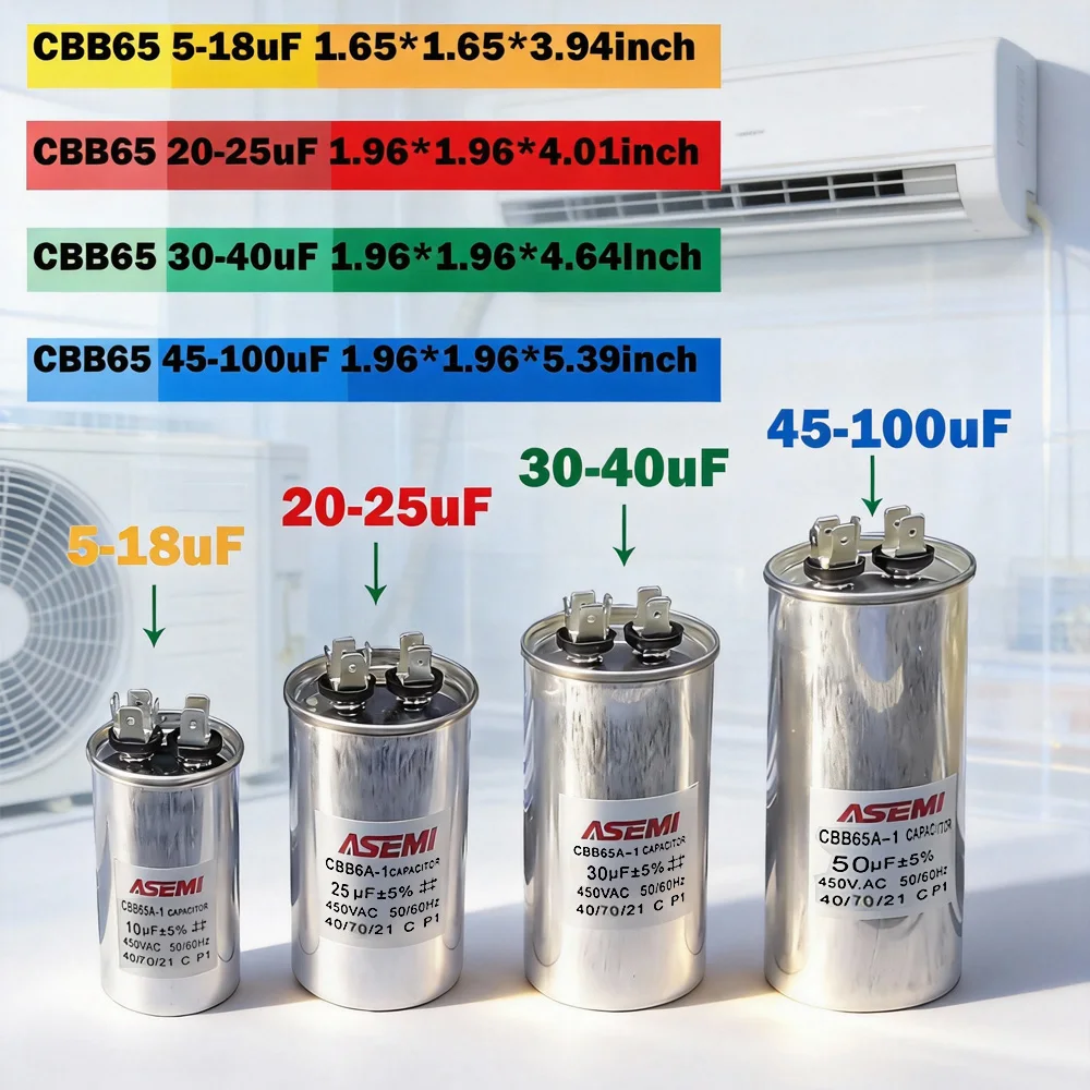 

CBB65 450V AC Motor Capacitor Air Conditioner Compressor Start Capacitor 5uF 6uF 20uF 25uF 30uF 35uF 40uF 45uF 50uF 60uF 70uF