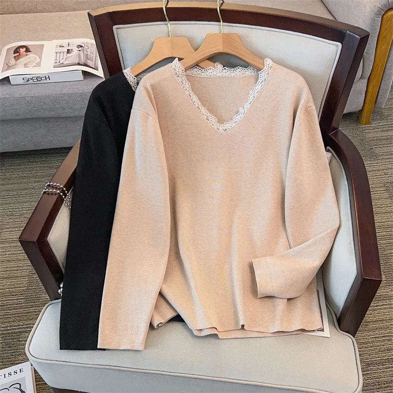 

170Kg Plus Size Women's Bust 160 Spring Autumn Loose V-Neck Pullover Sweater Knitted Black Khaki 4XL 5XL 6XL 7XL 8XL 9XL