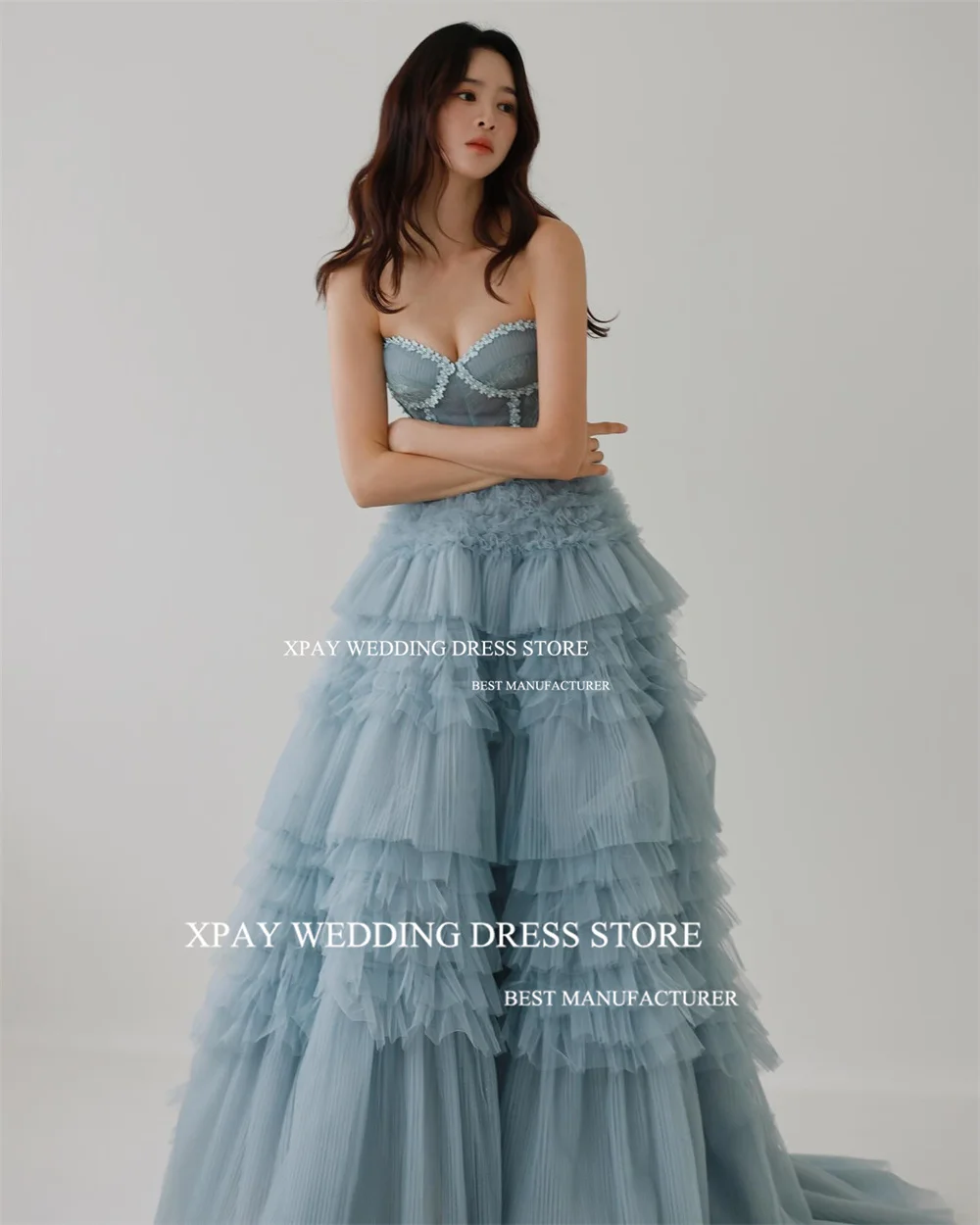 XPAY Luxury Dusty Blue Korea Evening Dresses Photos Shoot Ruffles Tiered Fairy Tulle Evening Gowns Beads Corset Prom Party Dress