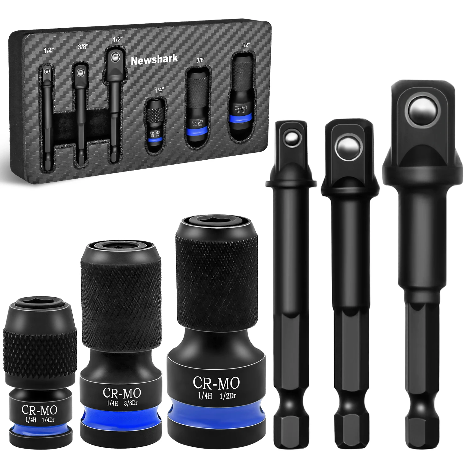 6Pcs Cr-Mo Quick Release Socket Adapter Set, 1/4" 3/8" 1/2" Square to Hex Drive Bit Holder Kit for Impact Driver