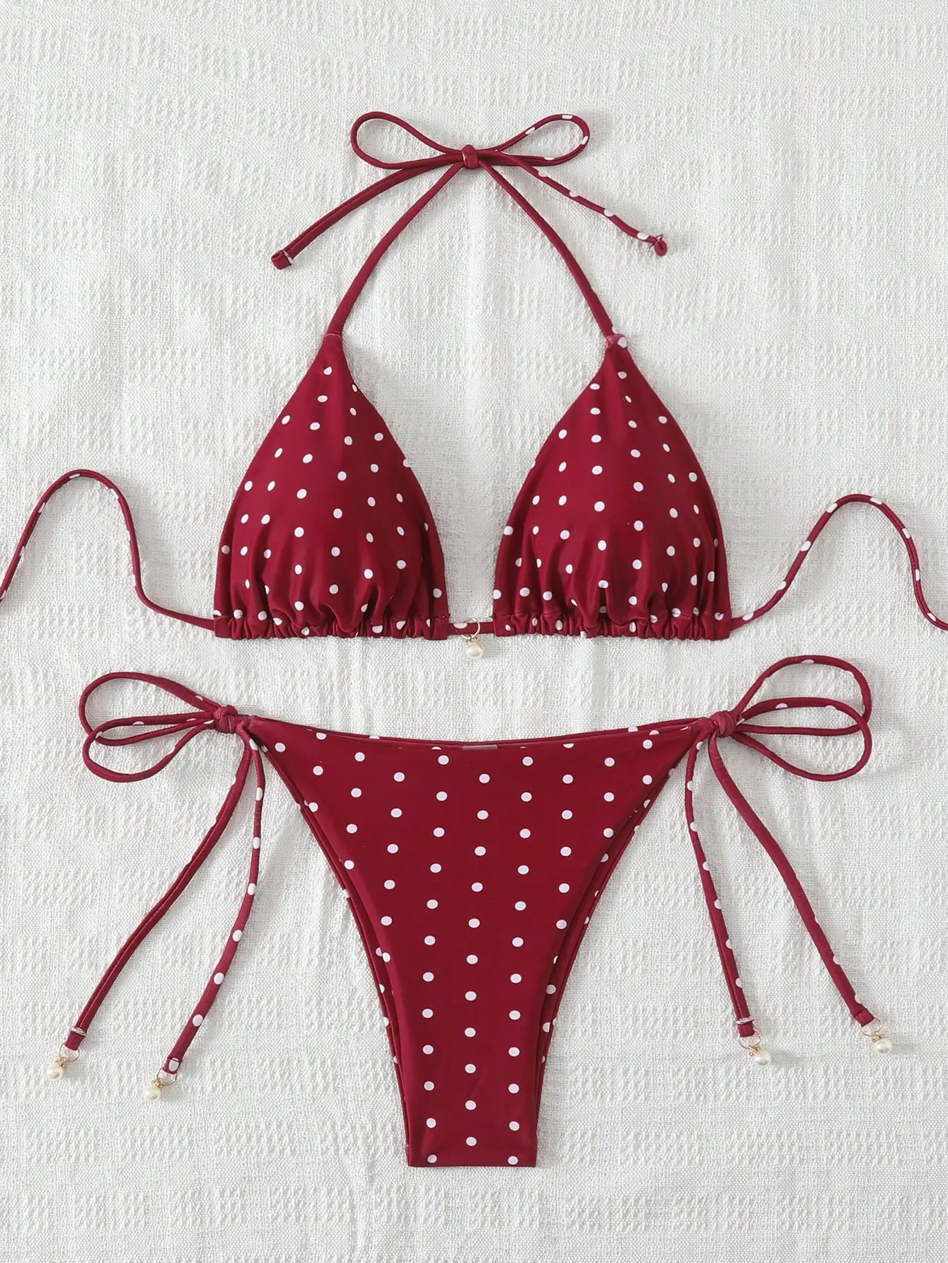 

Красный комплект бикини в горошек с завязками сбоку для женщин