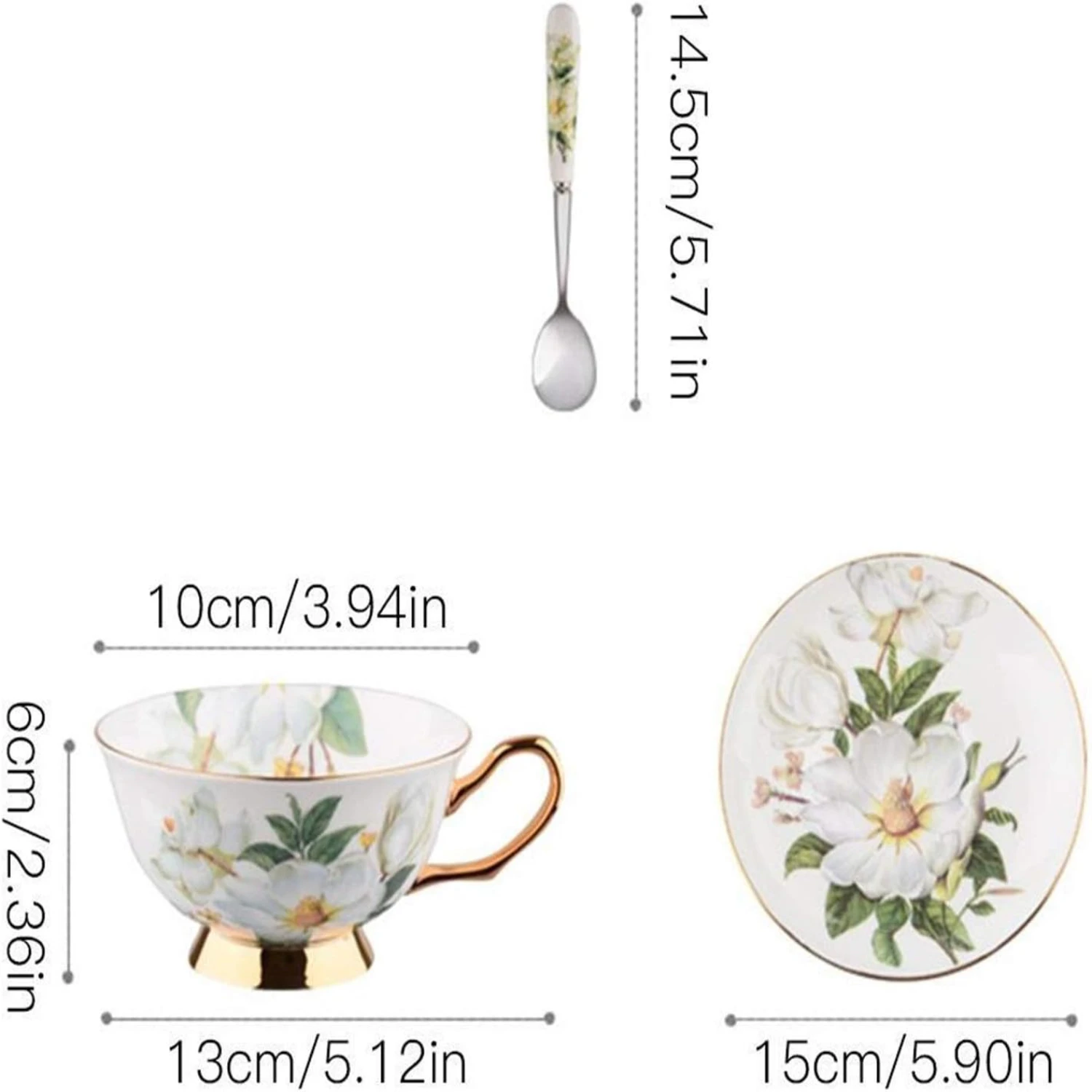 

Elegant Vintage Floral Ceramic Mug and Saucer Set with Gold Trim - Bone China Cup and Saucer with Spoon - Fine Dining Table Deco