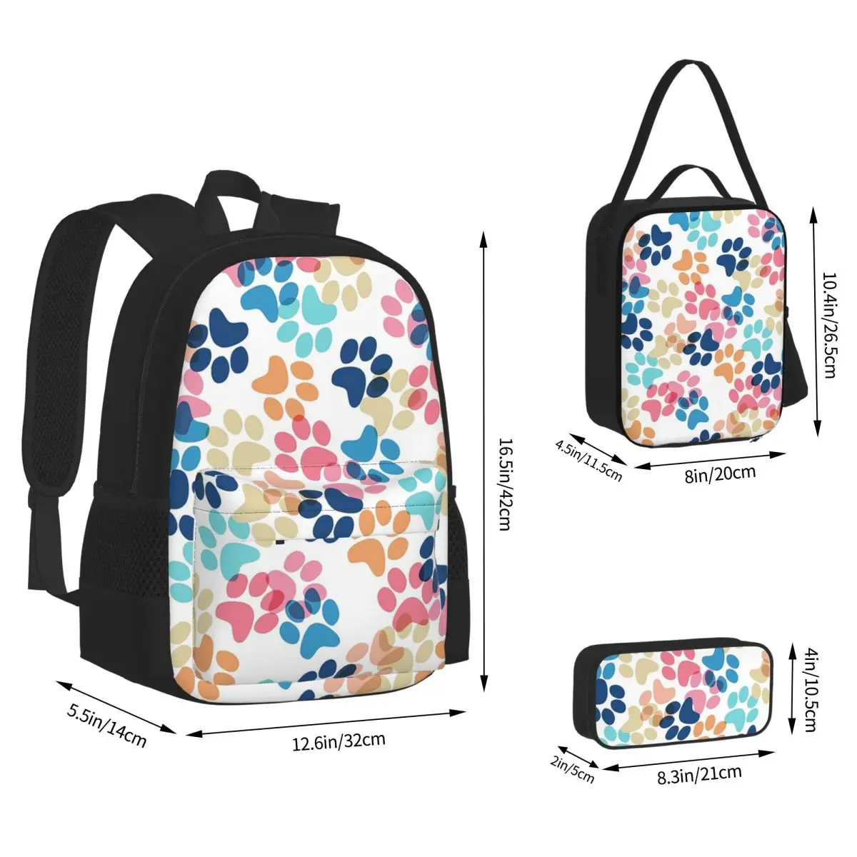 Paw Print Pet Animal Cat Paw Backpacks Boys Girls Bookbag School Bags Rucksack Lunch Bag Pen Bag Three-Piece Set