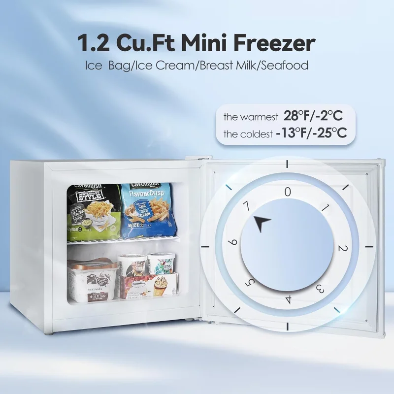 فريزر صغير، 1.2 قدم مكعب، فريزر مستقيم صغير بمقبض، أرفف قابلة للإزالة، 7 ترموستات قابل للتعديل، ضوضاء منخفضة