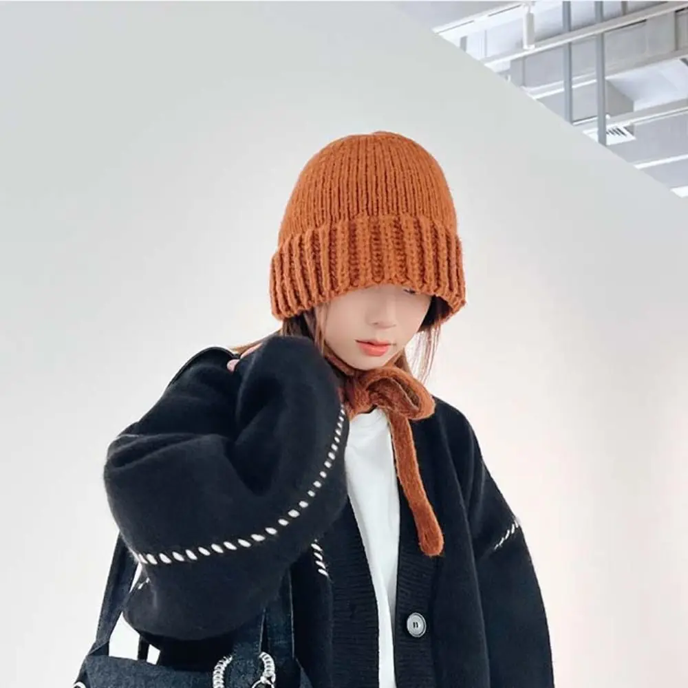 Sweet Bowknot Strap Knitted Hat Wool Hat Korean Crochet Basin Cap Jennie Style Warm Cap Knit Beanie Apparel Accessories