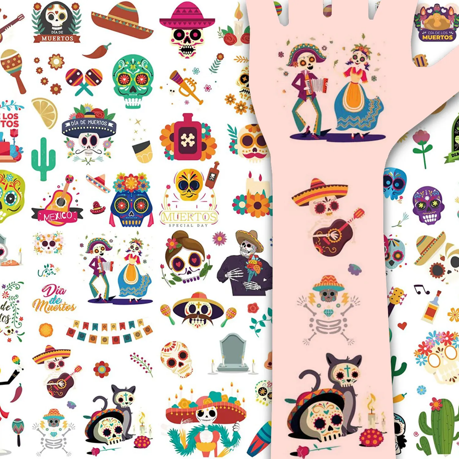 10 Sheets of 140 Skull Element Designs, Mexican Day of the Dead Series Temporary Tattoo Stickers, Skull, Cactus, Guitar Decorative Designs, Fake Tattoo Stickers, Waterproof, Can Be Used for 2-5 Days