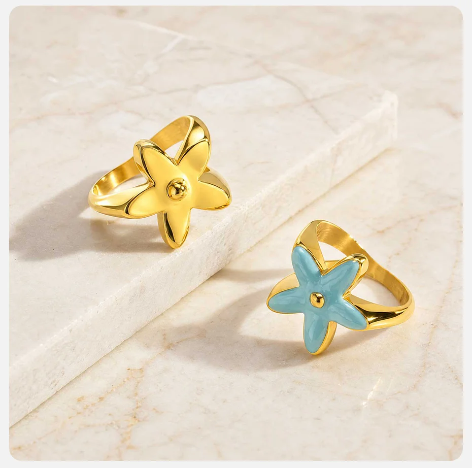 Vnox Klassischer Emaille-Ring mit Blauer Blume für Damen, Trendiger 18K Vergoldeter Blumen-Fingerring, Zierlicher Statement-Schmuck – Detail 6