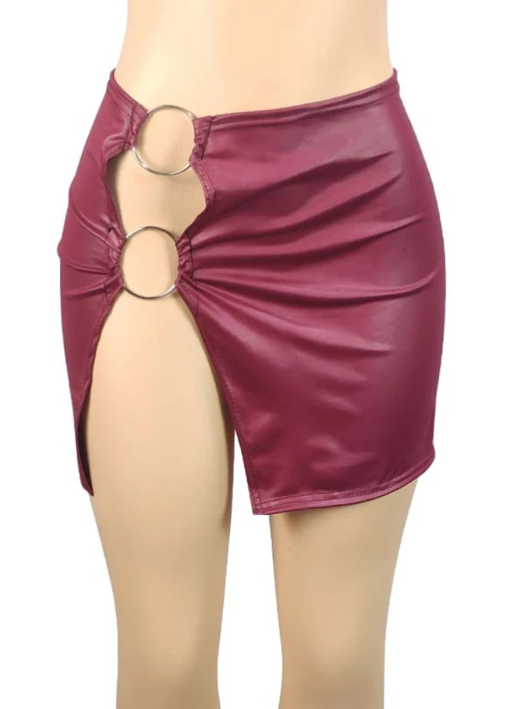 

PU Imitation Leather Metal Ring Side Split Mini Skirt Women High-waist Fittness Slim Skirts Vintage Bodycon Skirt Club Party