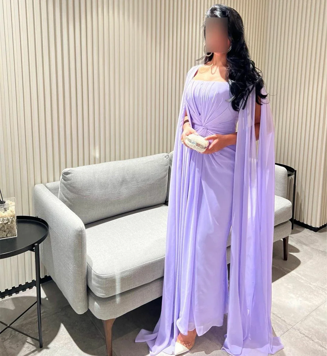 Purple Chiffon Square Neck Mermaid Evening Dresses Shawl Long Sleeves Pleated Dubai Arab Formal Prom Dresses For Women 2023