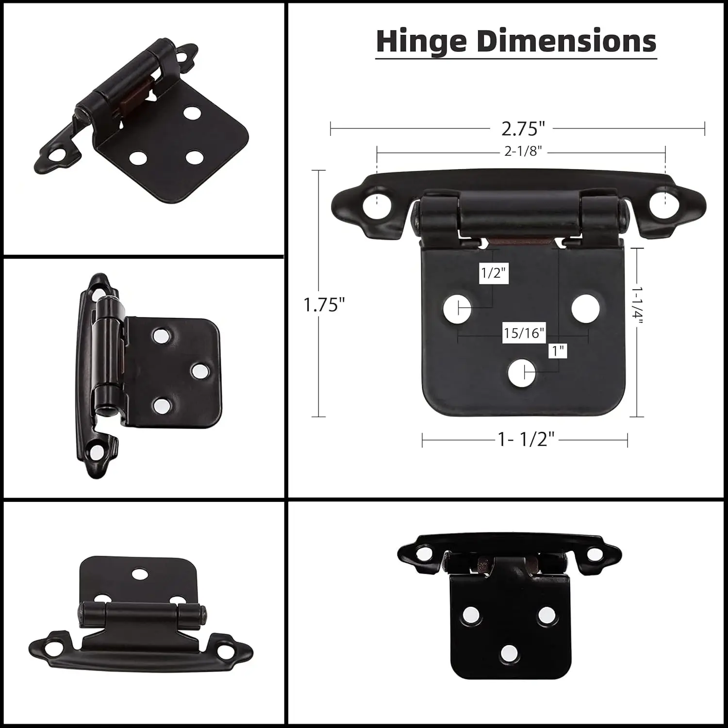 2/4/10Pcs Black 1/2 Inch Self Closing Cabinet Hinges, Zinc Alloy Flush Mount Kitchen Cupboard Door Hinges with Screws