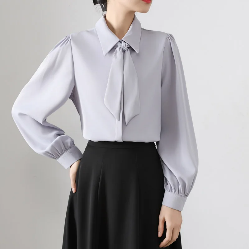 

Solid Color Long Sleeve Bow Tie Chiffon Shirts For Women Elegant Office Lady Business Blouses Spring and Autumn Chic Tops