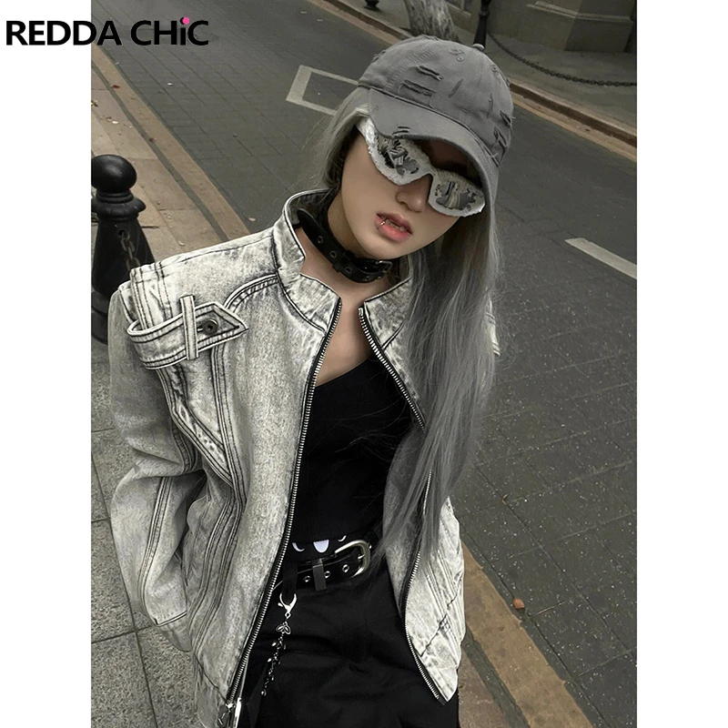 

REDDACHIC женская джинсовая куртка-бомбер с выцветшими карманами и воротником-стойкой на молнии, свободная посадка, повседневное пальто-бойфренд, уличная осенняя верхняя одежда