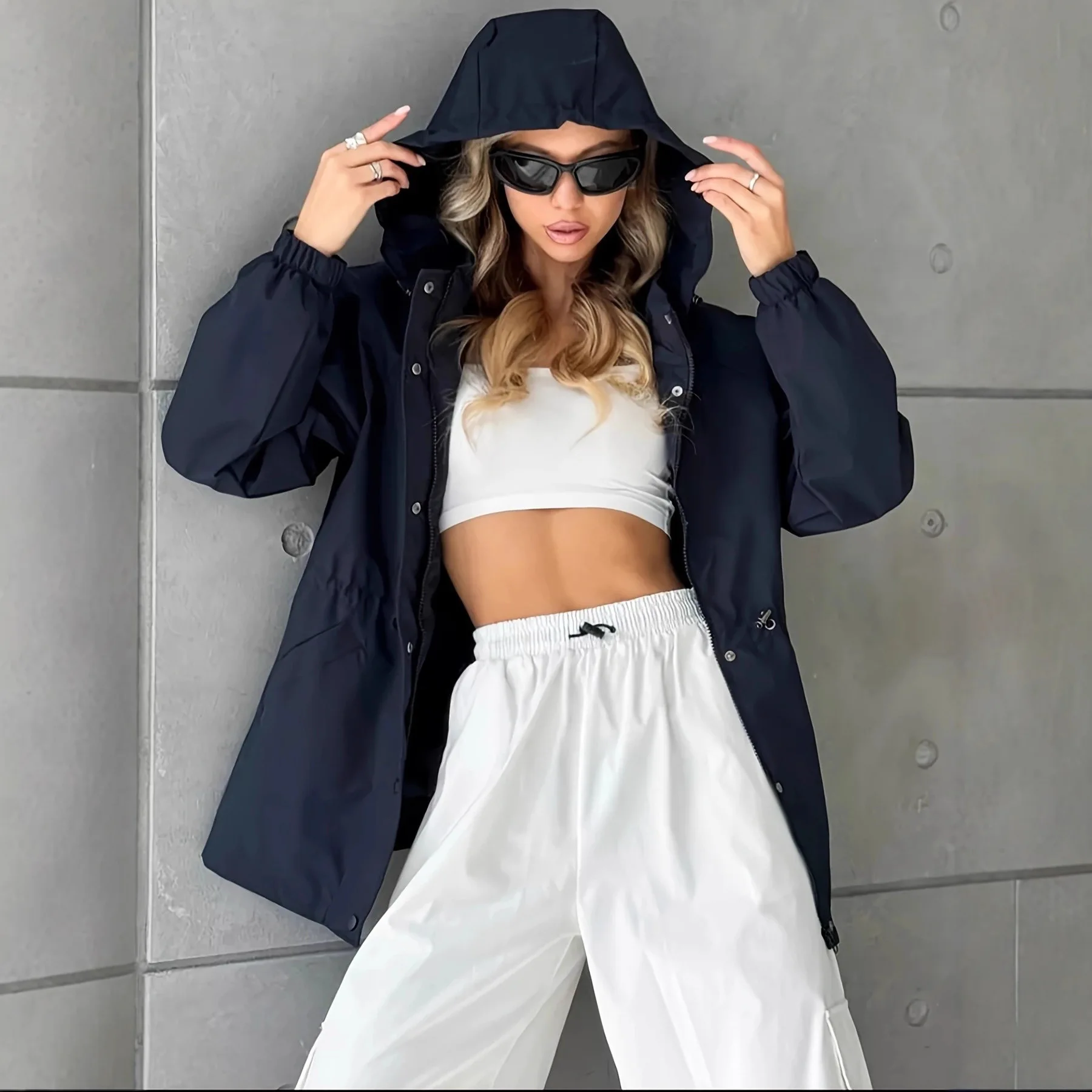 Zip Up Hoodie Jacket  Style Women Windbreaker Jacket Snap Buttons Waist Drawstring Windproof Functional Women's Jacket