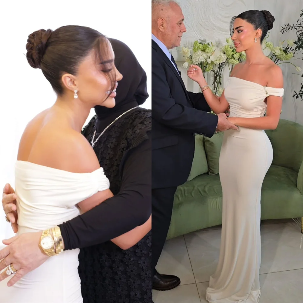 

Customized High Quality White Jersey Wedding Dresses Simple Strapless Off the Shoulder Bridal Gowns Backless Mermaid Dress