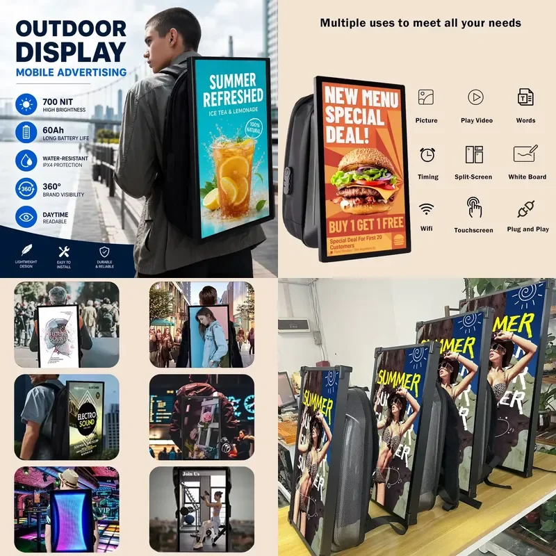 for 21.5 23.8 27 32 Inch LCD Screen Backpack Outdoor Advertising High Brightness Display Mobile LCD Poster with Battery