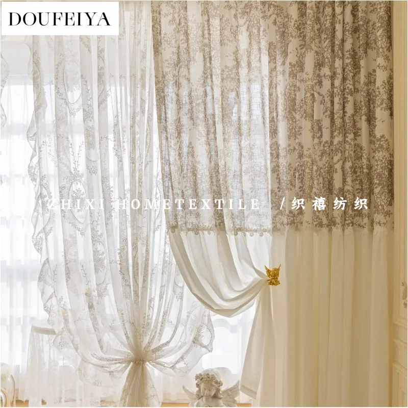 Customized Curtain French Bayberry Tree Skirt Curtain Transparent But Not Transparent Printed Cotton and Linen Window Screen