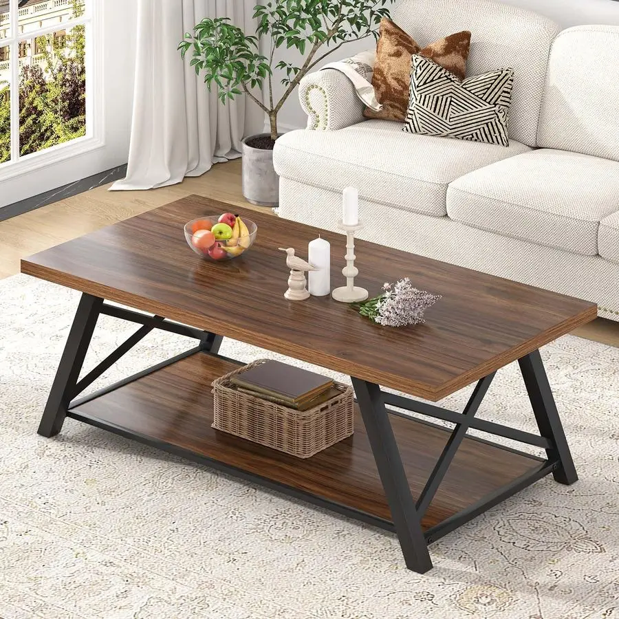 Modern Coffee Table, Industrial Living Room Center Table with Storage Shelf, Rectangle Wood and Metal Cocktail Tea  Customizable