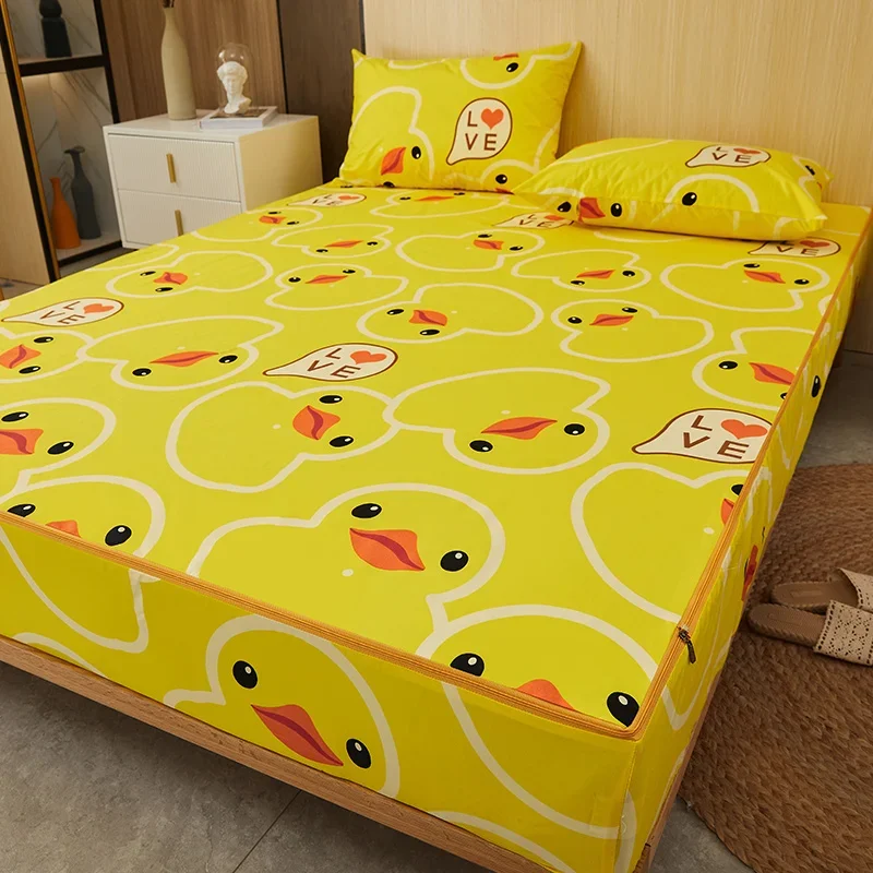 Cute Rubber Ducks Mattress Protector Waterproof, Fully Fitted 360° Encasement Machine Washable Fitted Sheets Set Zipper Closure