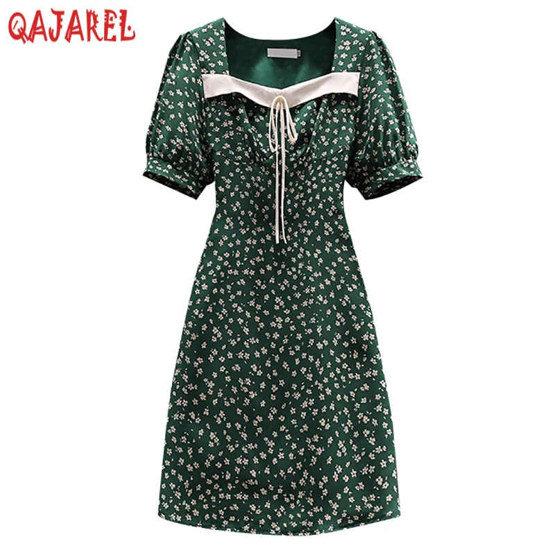 Mini vestido floral feminino de manga curta com gola quadrada, bodycon coreano, casual, festa, elegante vestido de senhora do escritório, verão, novo, 2024