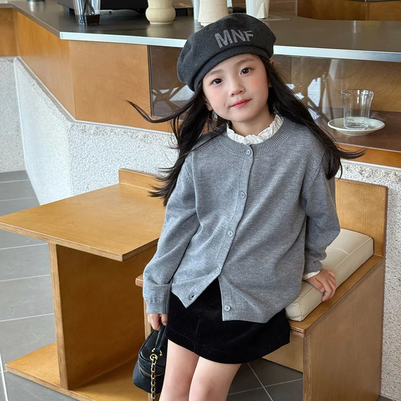 Children's knitted cardigan letter jacket 2025 autumn new girls Korean version solid color single-breasted sweater