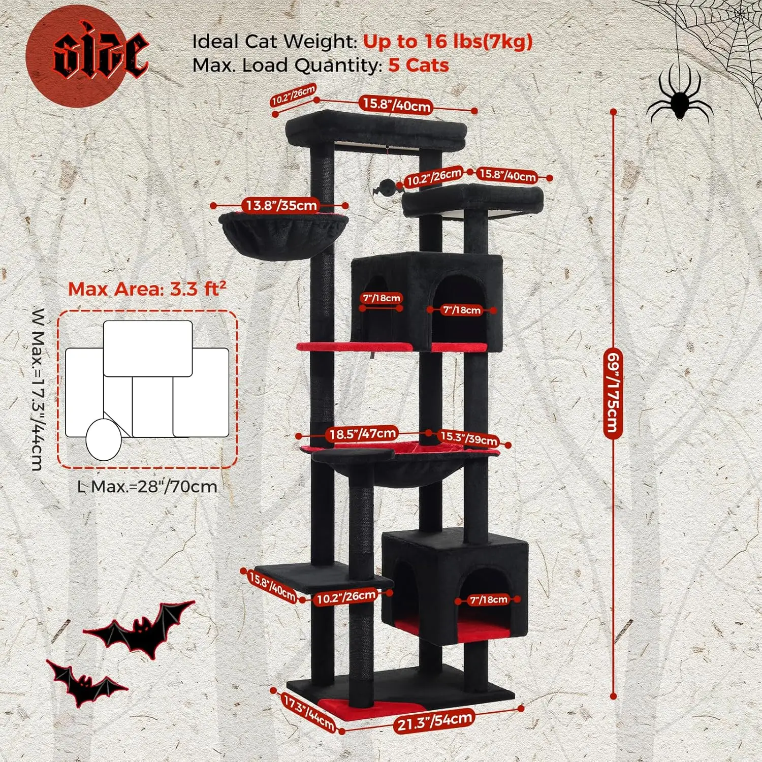 Large Cat Tree, 69-Inch Gothic Cat Tower for Indoor Large Cats with Super Large Hammock, Tall Cat Climbing Tree Tower