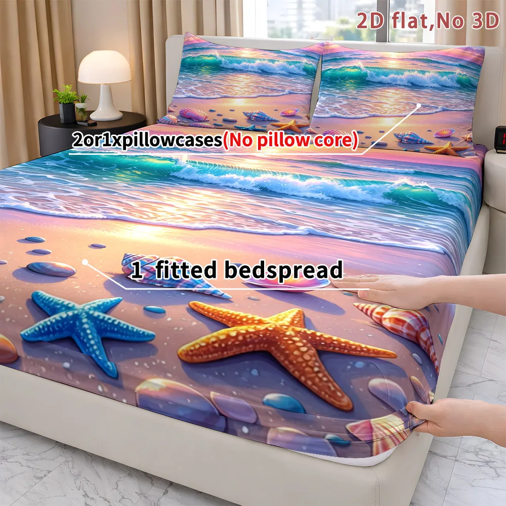 Ocean-Themed Fitted Sheet, Printed Fitted Sheet, Mattress Protector, Breathable Polyester Material (Includes 1 Fitted Sheet + 2 Pillowcases), Mattress Protector, Fitted Sheet with Elastic Band, Protective Cover, Mattress Protector Cover, Fitted Sheet Bedding, Christmas-Themed Bedding, Baby Bedding, Suitable for Nursery Room