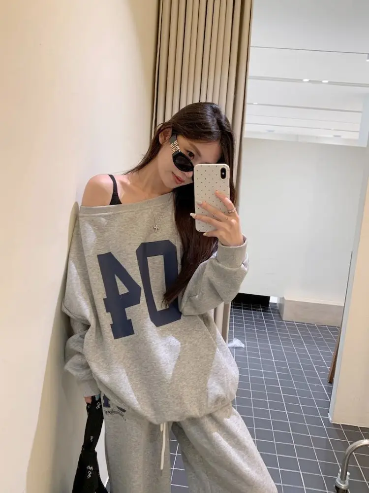 Retro Sports Temperament Set Women Autumn 2024 New Casual Print Long Sleeve Hoodie High Waist Drape Pants Two-piece Set