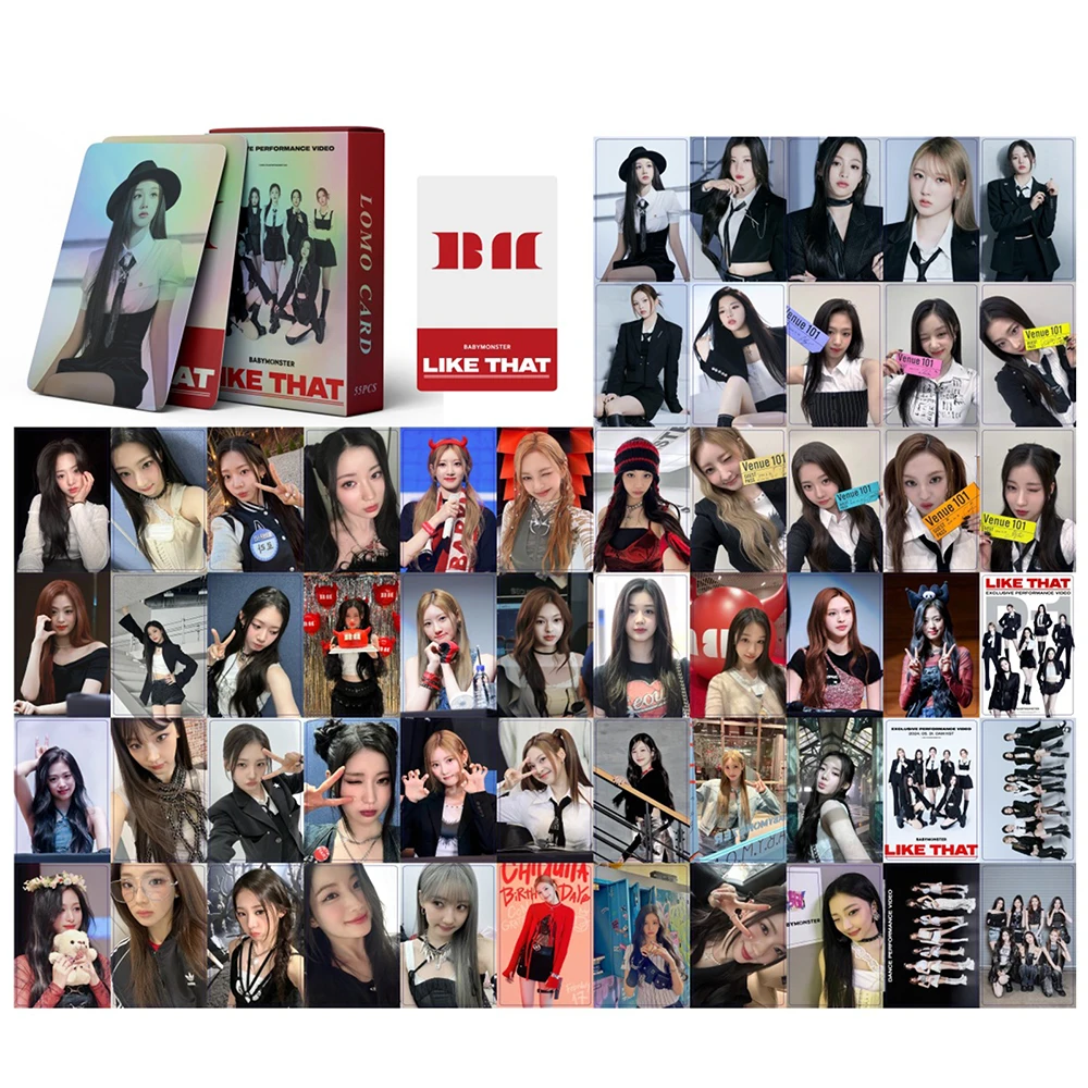 55Pcs/Set KPOP BABYMONSTER LIKE THAT Boxed Laser Lomo Cards Ahyeon Asa Ruka Rami Double Sides Photocards Fans Collection Gifts