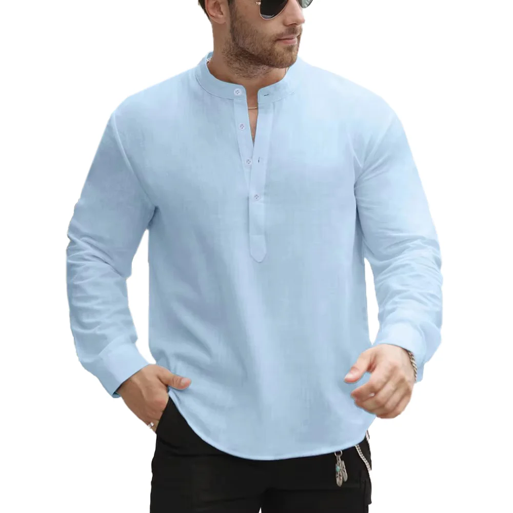 الرجال الربيع الصيف مائة الألوان الصلبة عادية بسيطة رجالي بلايز تنفس القطن الكتان الرجال زر أسفل القمم