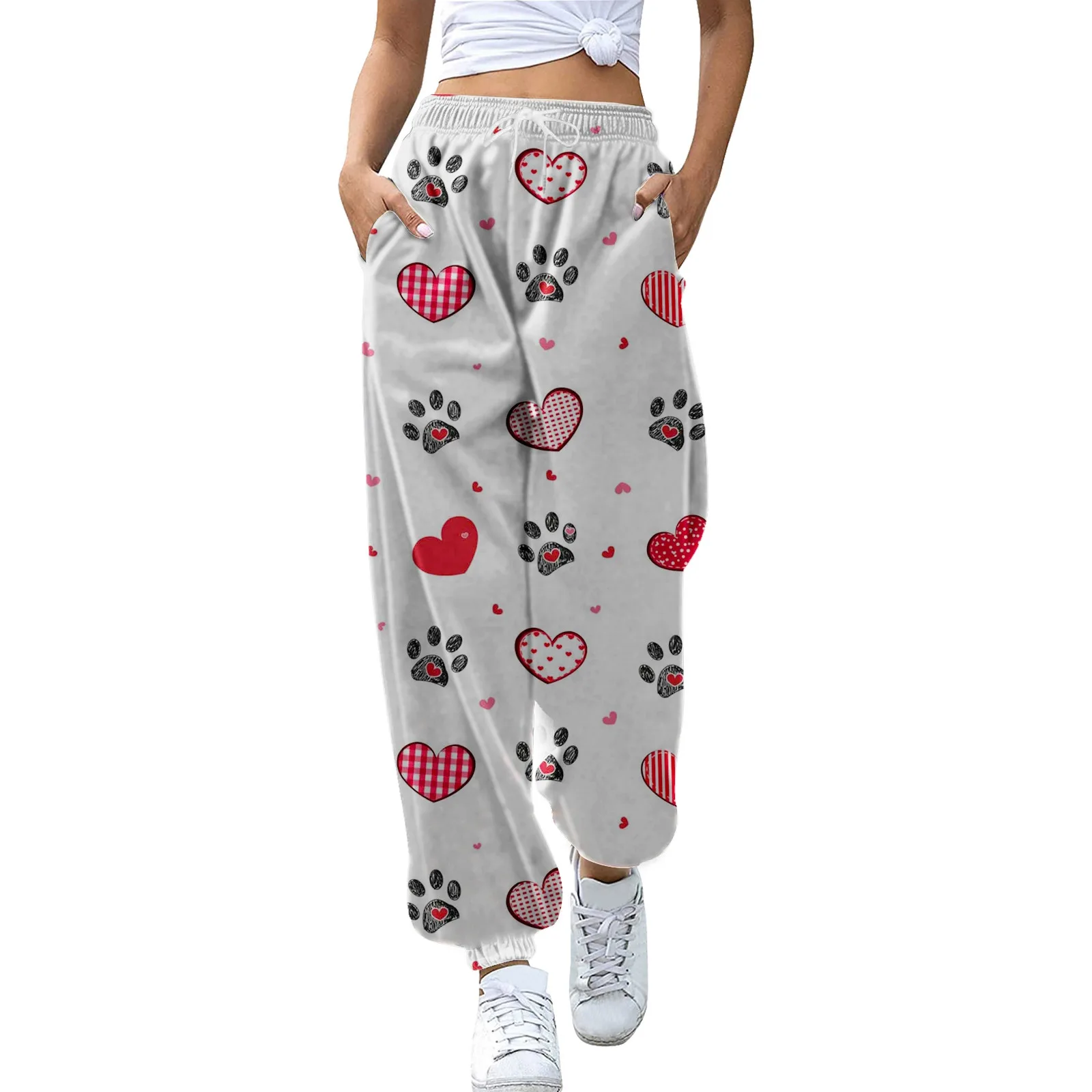 Valentine's Day Cute High Waist Joggers Pants Loose Fit Pocket Drawstring Ankles Pants Women Business Casual Pocket Trousers