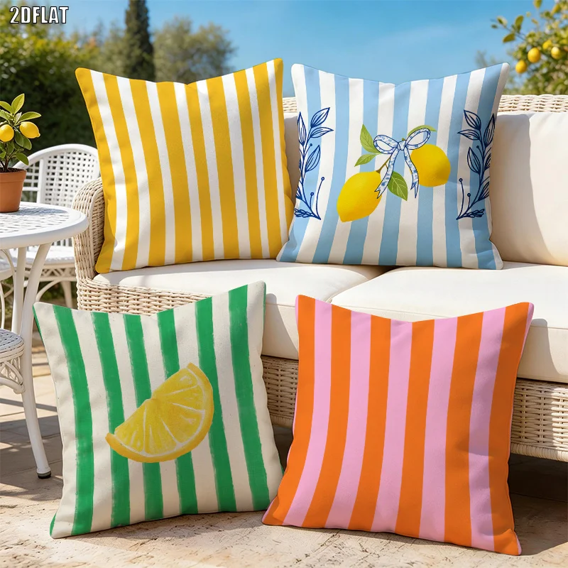 Striped Contrast Color Double Sided Printing Summer Lemon Pillow Covers Suitable for All Kinds of Rooms and Places Gifts