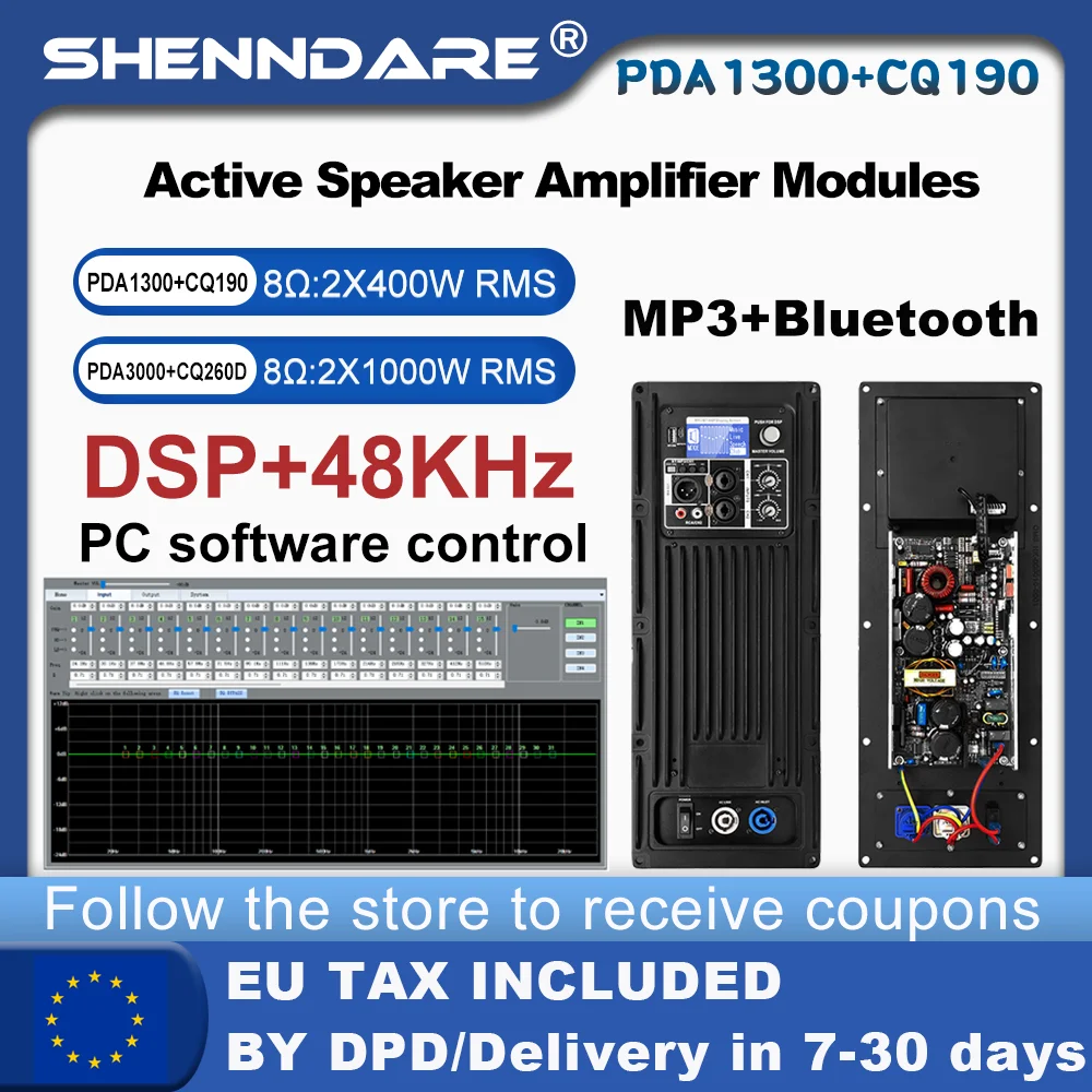 

SenMicre PDA1300+CQ190 DSP Digital Power Amplifier Module 2x400W 8ohm Active Speaker Amplifier Module with USB Bluetooth
