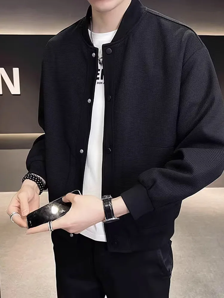 Chaqueta Negra Holgada para Hombre, Estilo Primavera-Otoño, Cuello Beisbolero, Cierre de Doble Botón, Manga Larga, Corte Estándar, Prenda Exterior Cálida