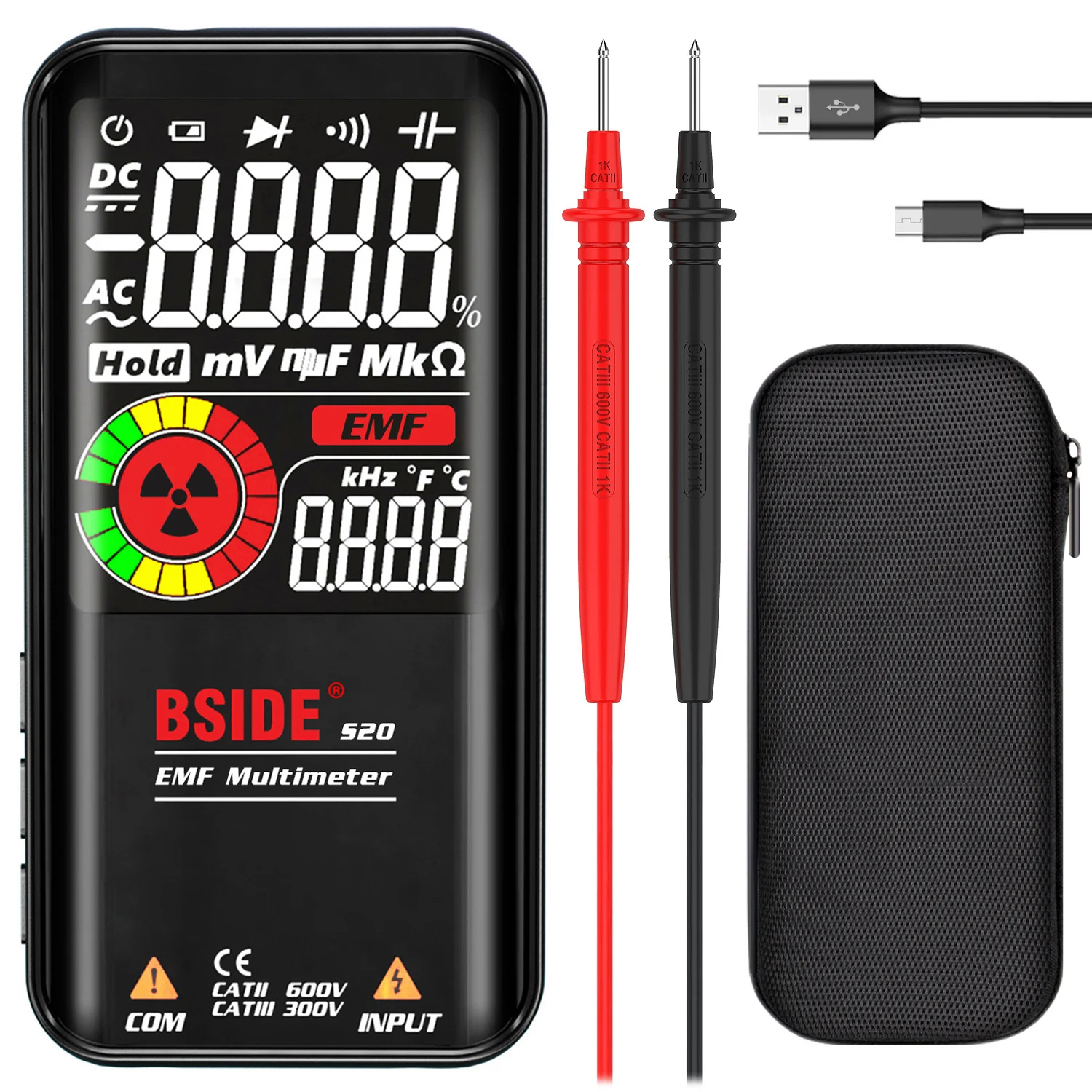 BSIDE Digital Multimeter EMF Detector Capacitance DiodeTester Automatic Range Voltmeter Color Display 9999 Counts Can be Charged