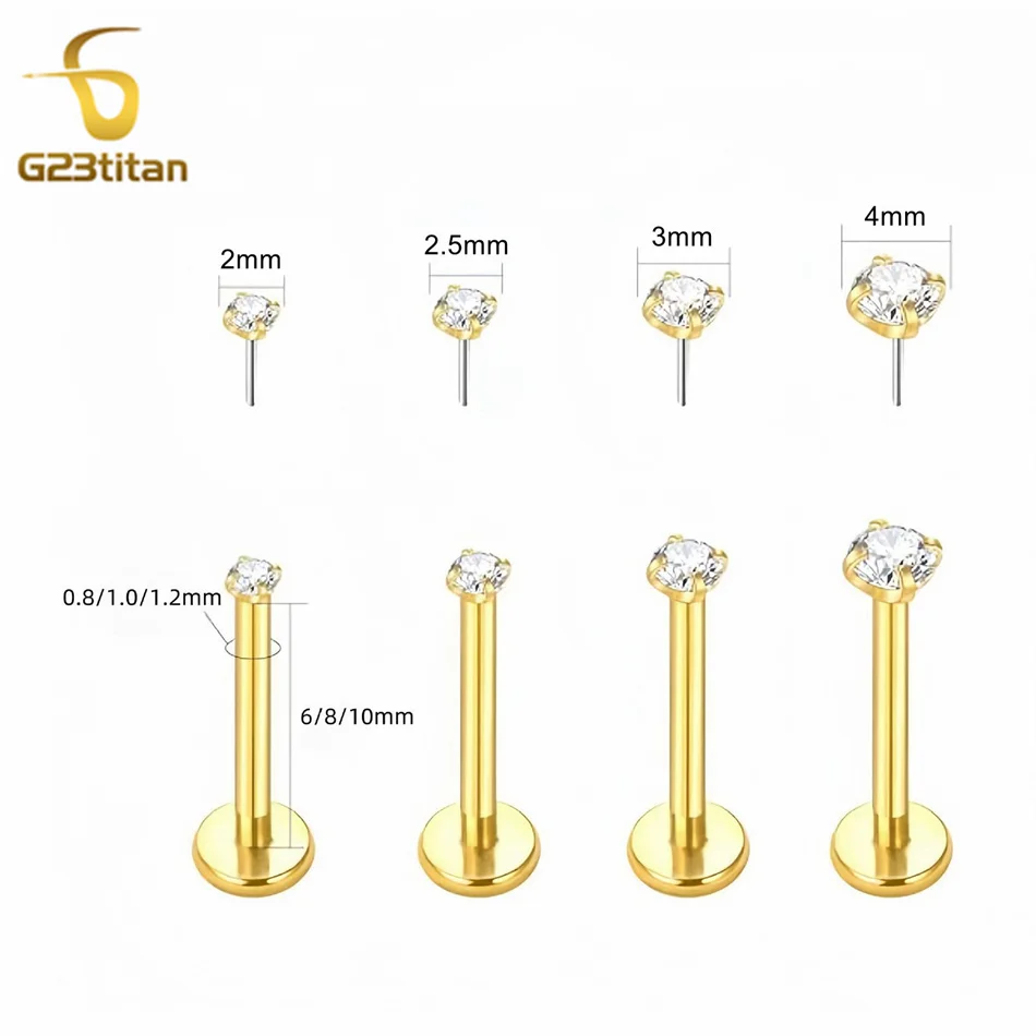 2pc G23 Titanium Push In Earrings Flat Back 20G 18G Threadless CZ Zircon Labret Lip Nose Ring Ear Helix Tragus Piercing Jewelry view 5