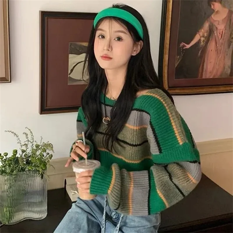 Short Lazy Style Contrast Striped Sweater Women Autumn 2023 New Spicy Girl Pullover Cropped Knitted Y2K Top