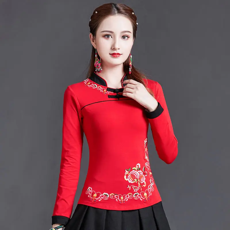 Traditional Chinese Clothing Womens Plus Size Tops 2024 Autumn Fashion Cotton Blend Embroidery Splicing Long Sleeve Shirts Woman