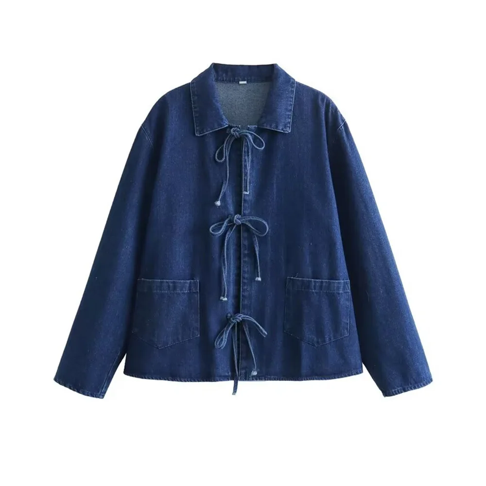 

Women Denim Jacket Bow Decor Spring Autumn New Versatile Turn-down Collar Long Sleeve Pocket Washed Shirt Coat Pocket Design