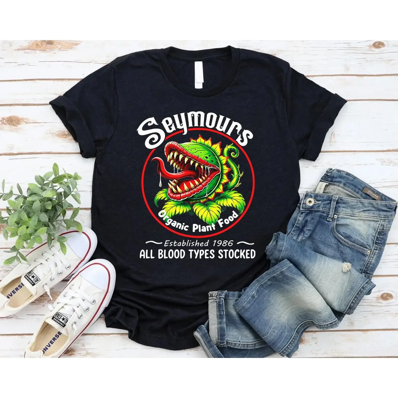 Seymours Organic Plant Food 1986 T Shirt Funny Venus Flytrap Carnivorous Horror Movie Themed for Lovers vintage Washed homme
