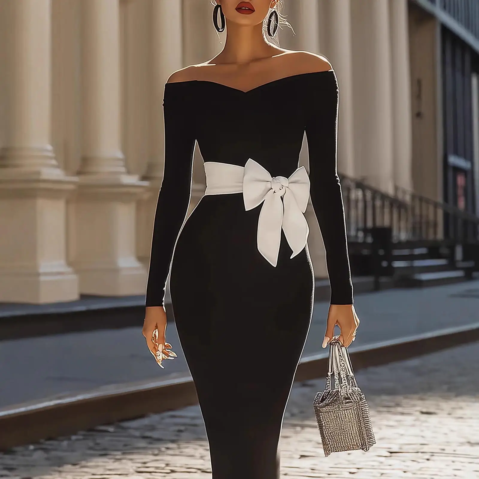 Nuovo 2025 Vita alta lunga Sve Colore puro Papillon Dr Gonna lunga aderente Colletto asimmetrico Poliestere Donna Dr