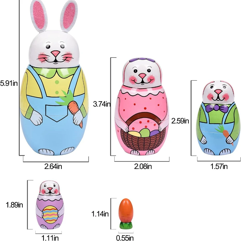 5PCS Russian Nesting Dolls, 6'' Handmade Wooden Rabbit Dolls for Kids, Toddlers, Easter & Home Decor Gifts