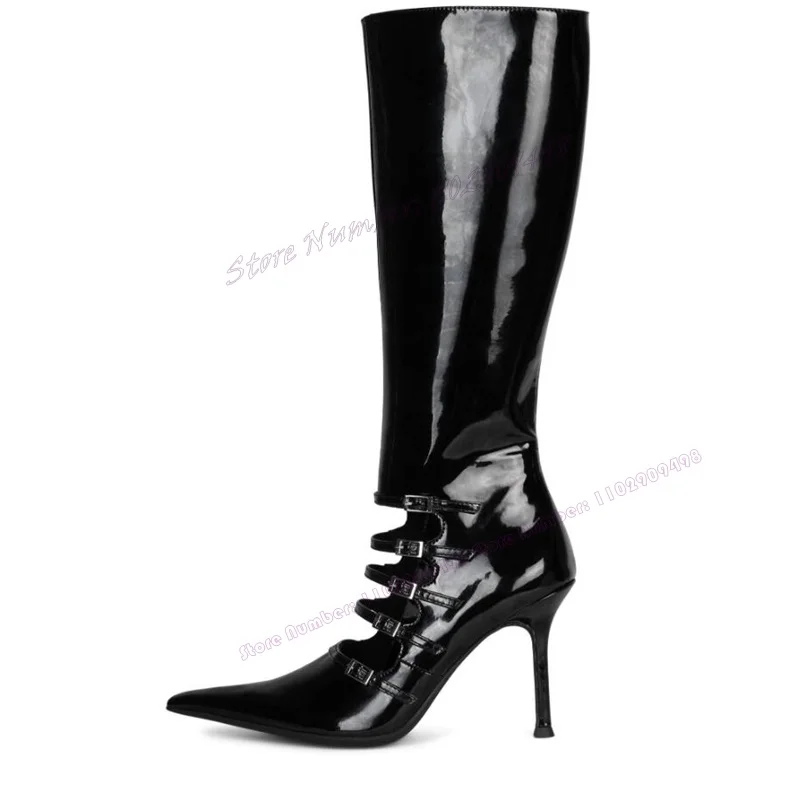 

Black Hollow Out Pointy Toe Boots Patent Leather Thin High Heels Shoes for Women Strappy Buckle Shoes 2023 Zapatos Para Mujere