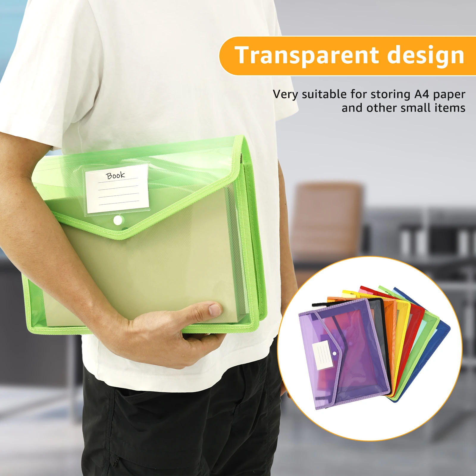 7Pcs A4 Plastic Wallet Folder Envelope Large Capacity Clear Waterproof Document Bag with Snap Button & Card Slot File Organizer