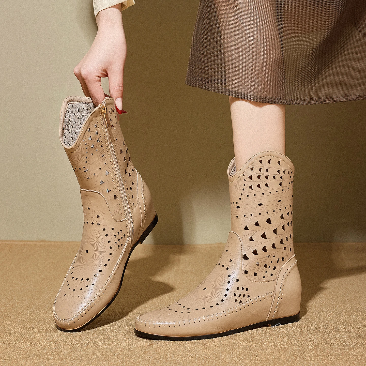 

Genuine Leather Plus Size 34-43 2026 New Women‘s Boots Platform Height Increase Mid Calf Flat Ankle Lace Up Spring Autumn Boots